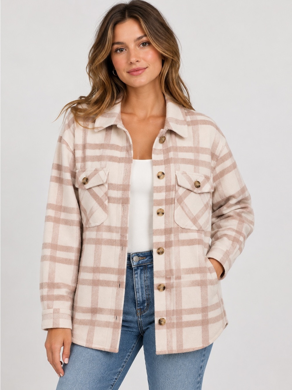 Thread & Supply Women's Plaid Button-Up Light Pink White Shirt Jacket Sz XS